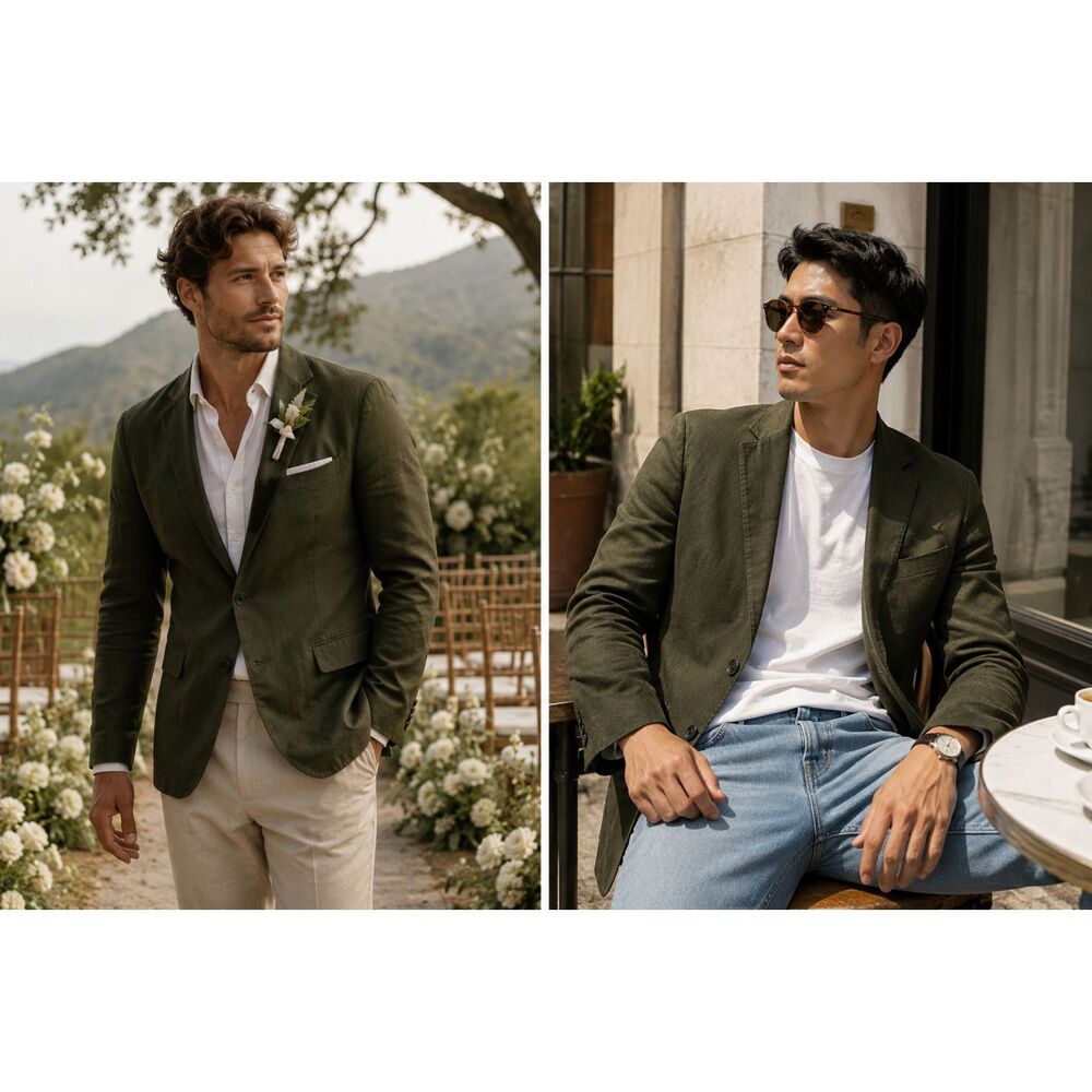 MNG Mango Man Linen Blazer Green Slim Fit Lightweight Summer Sport Coat 38R